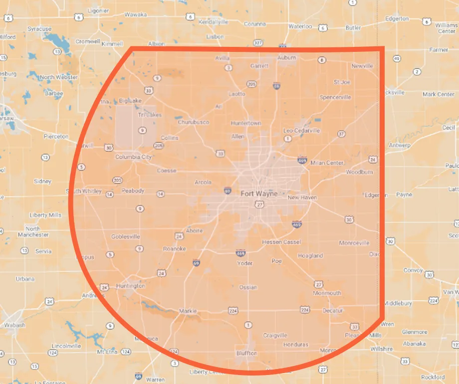 A map of the Fort Wayne, Indiana area with a shaded circular region outlined in red, highlighting a specific area around the city and its nearby towns.